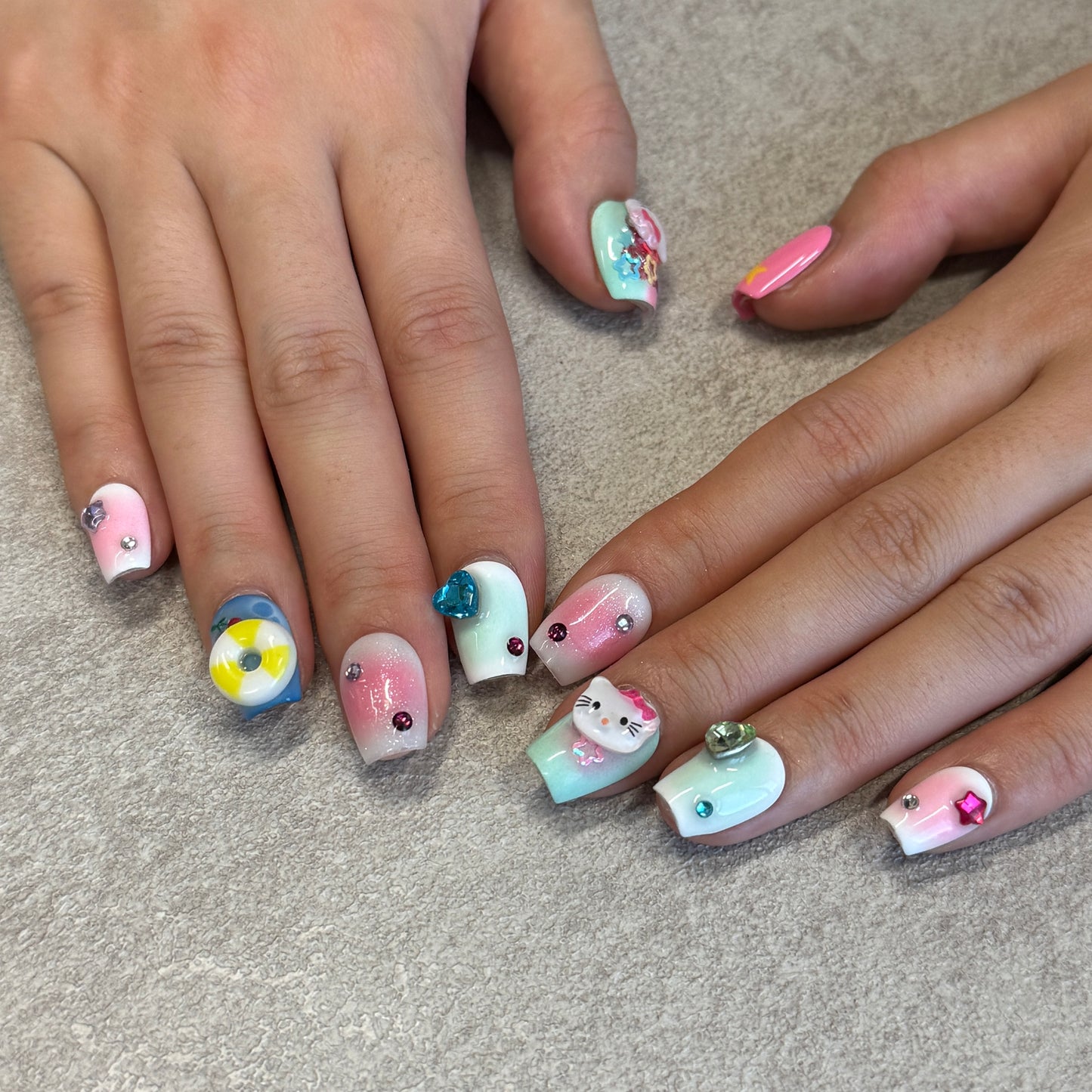 Kawaii Candy Pop Nails | Short Square Press-On Nails with 3D Kitty, Hearts & Star Charms