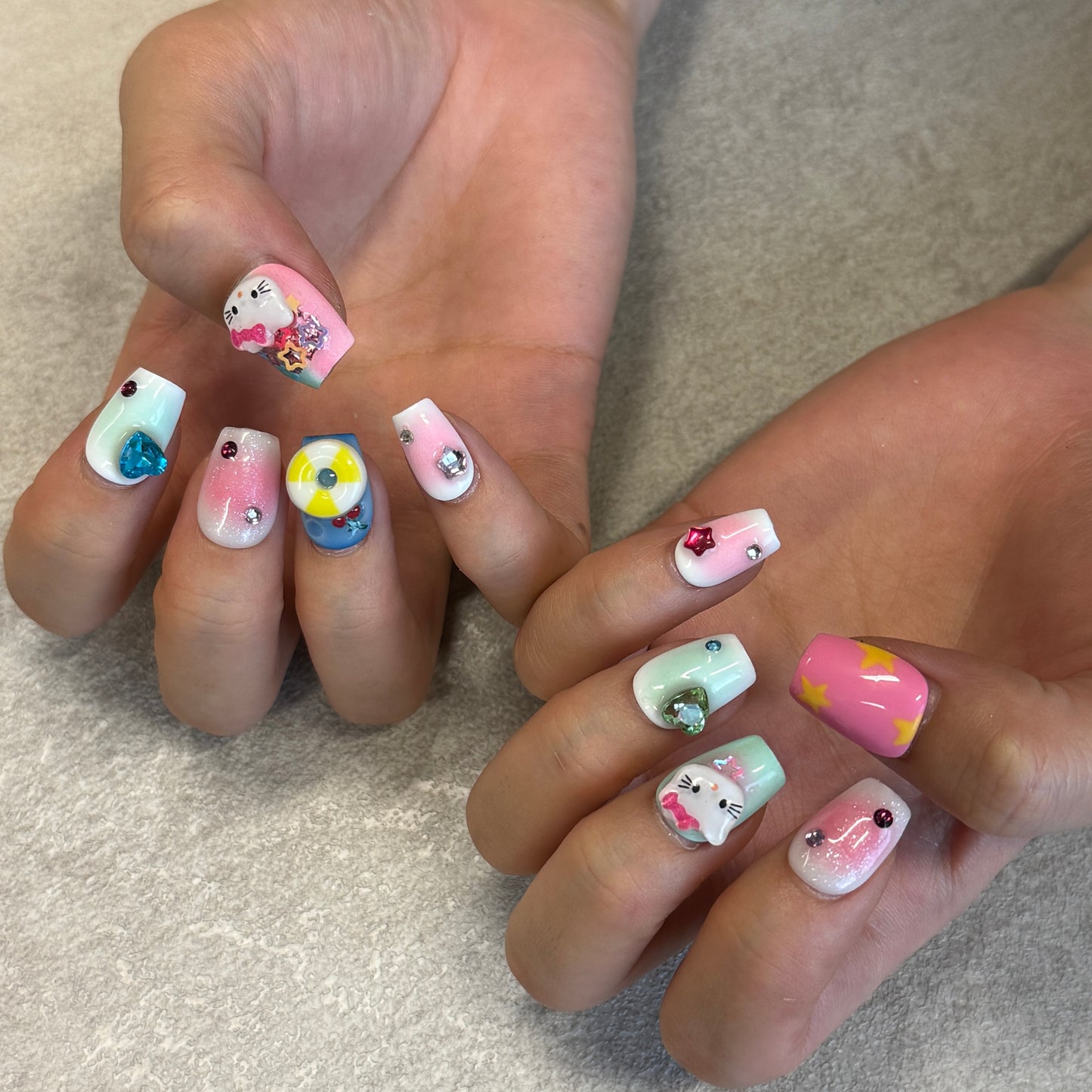 Kawaii Candy Pop Nails | Short Square Press-On Nails with 3D Kitty, Hearts & Star Charms