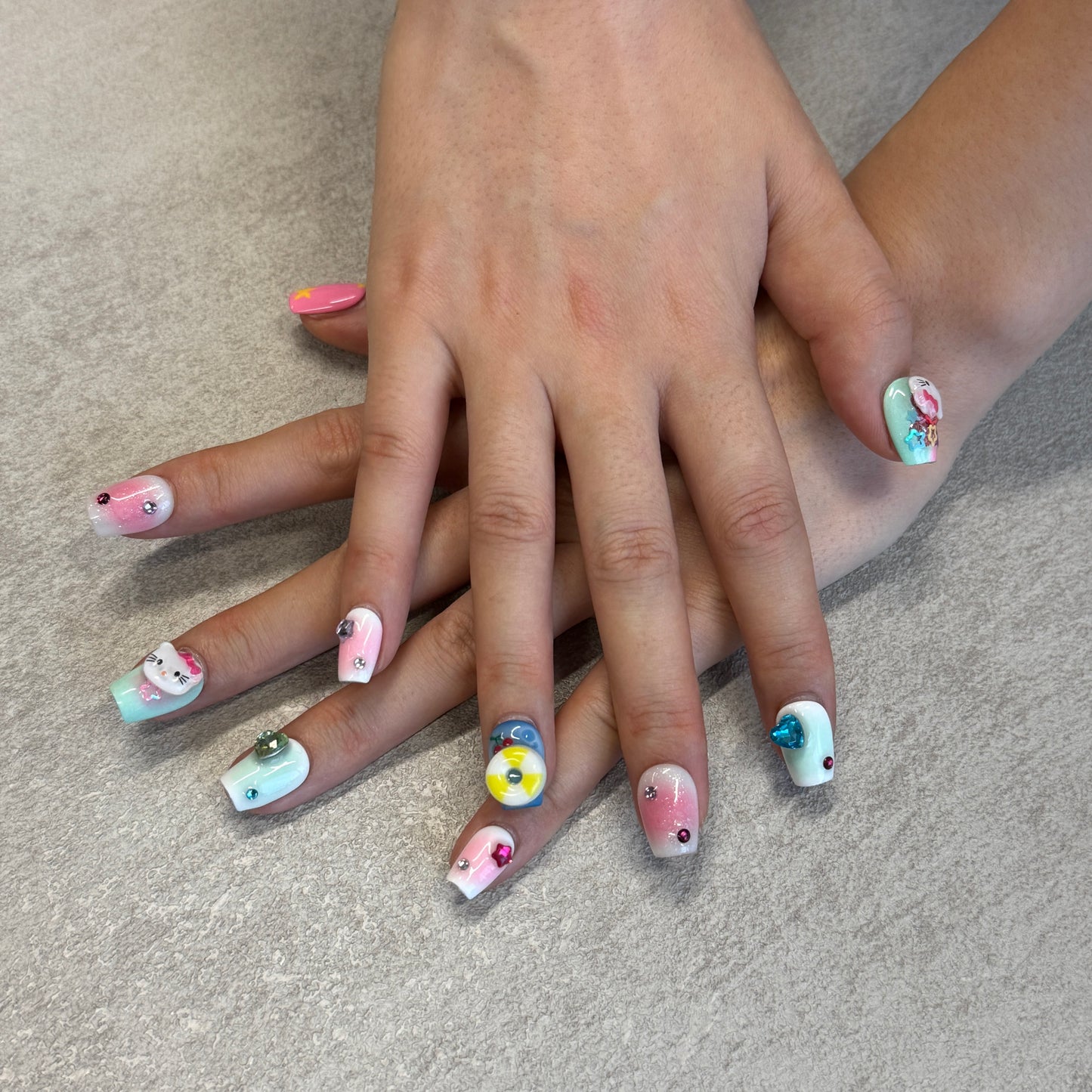 Kawaii Candy Pop Nails | Short Square Press-On Nails with 3D Kitty, Hearts & Star Charms
