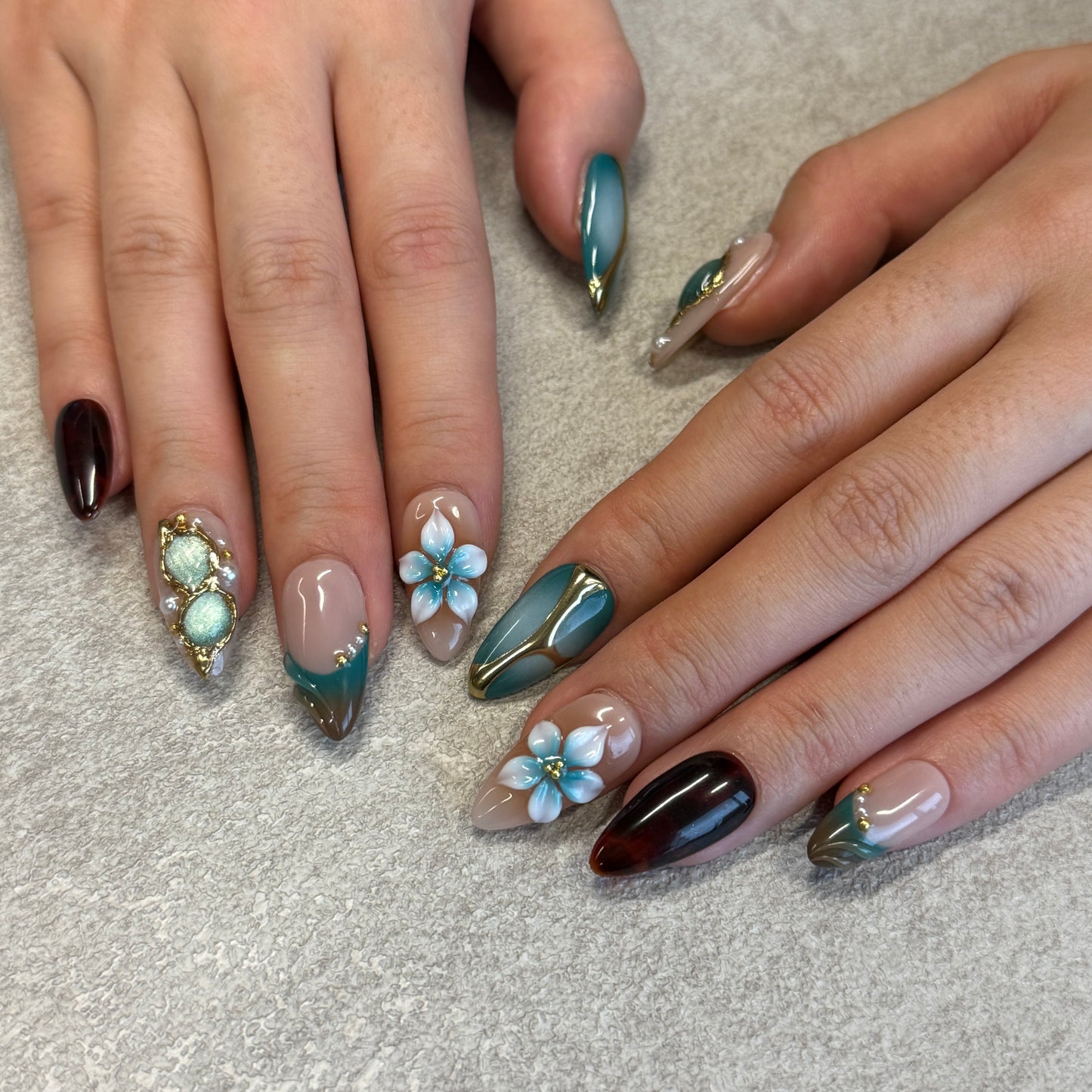 Teal Amber Gemstone Nails | Almond Press-On Nails with 3D Blue Flower, Gold Chrome & Pearl Details