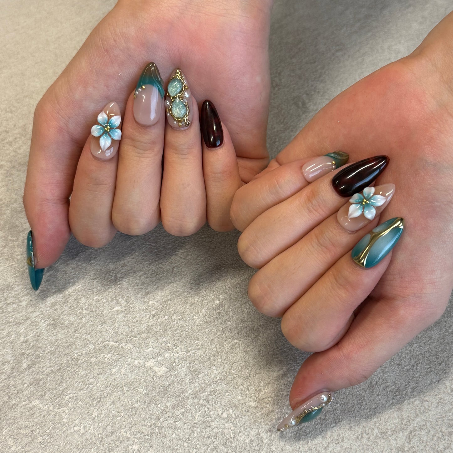Teal Amber Gemstone Nails | Almond Press-On Nails with 3D Blue Flower, Gold Chrome & Pearl Details