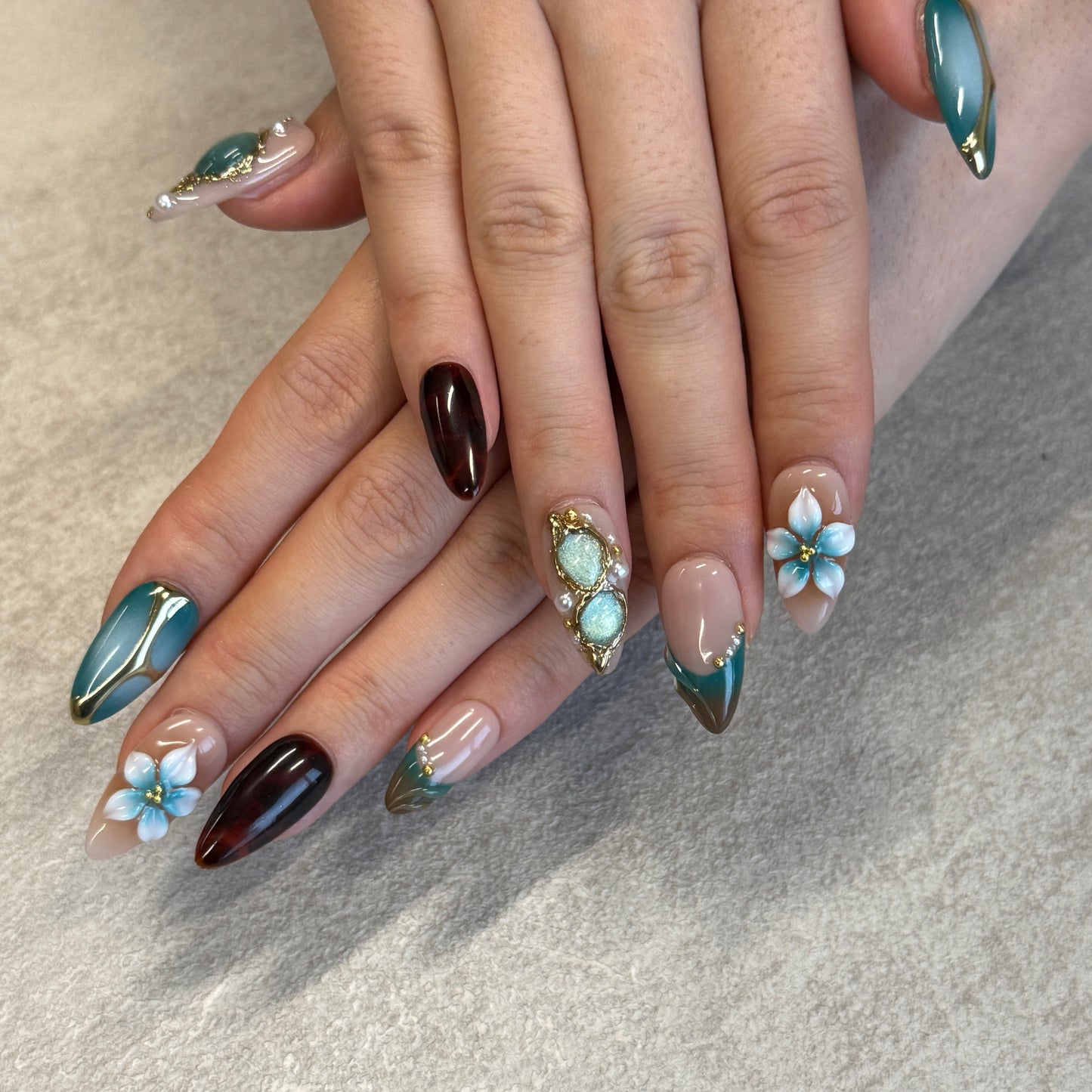 Teal Amber Gemstone Nails | Almond Press-On Nails with 3D Blue Flower, Gold Chrome & Pearl Details