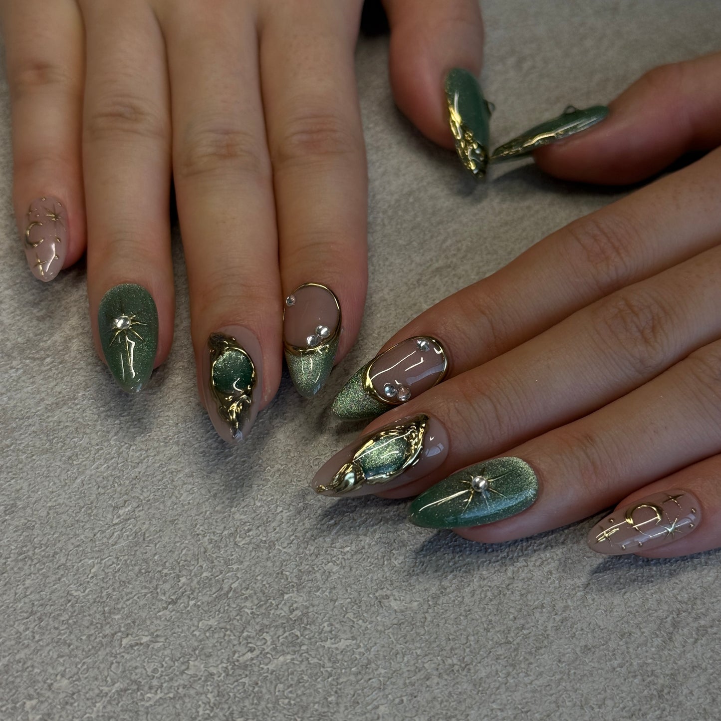 Sage Gold Celestial Nails | Almond Press-On Nails with Moon, Star & Rhinestone Details