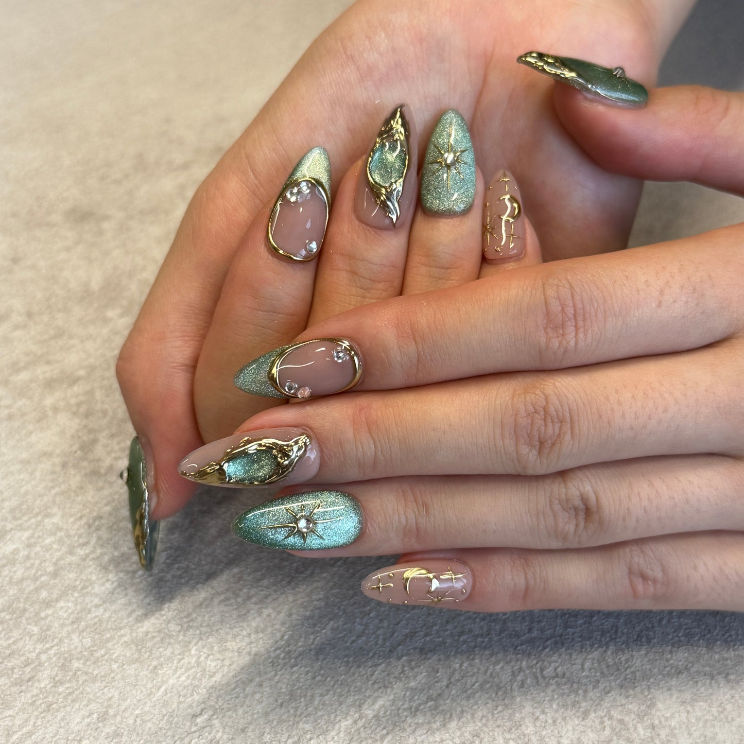 Sage Gold Celestial Nails | Almond Press-On Nails with Moon, Star & Rhinestone Details