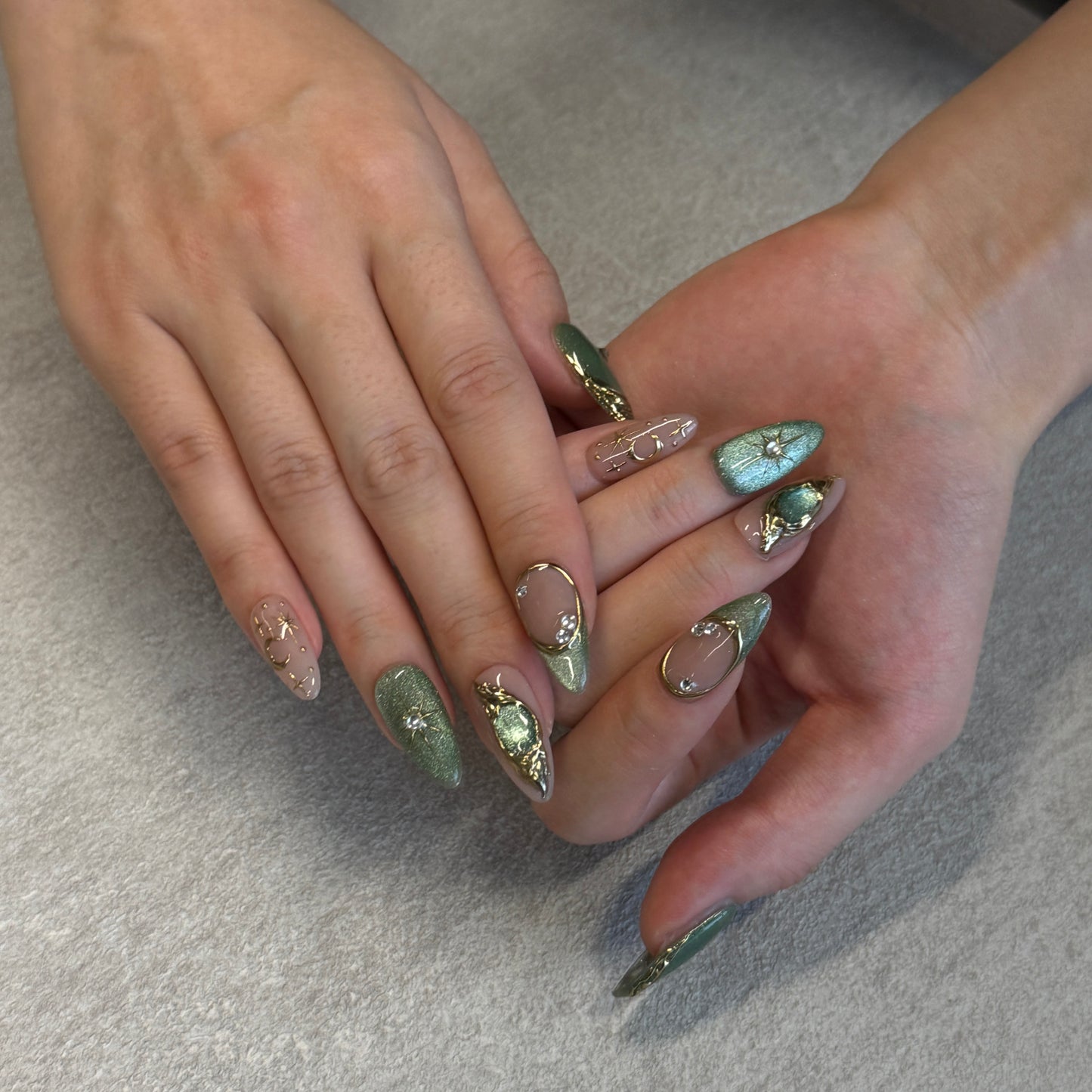 Sage Gold Celestial Nails | Almond Press-On Nails with Moon, Star & Rhinestone Details