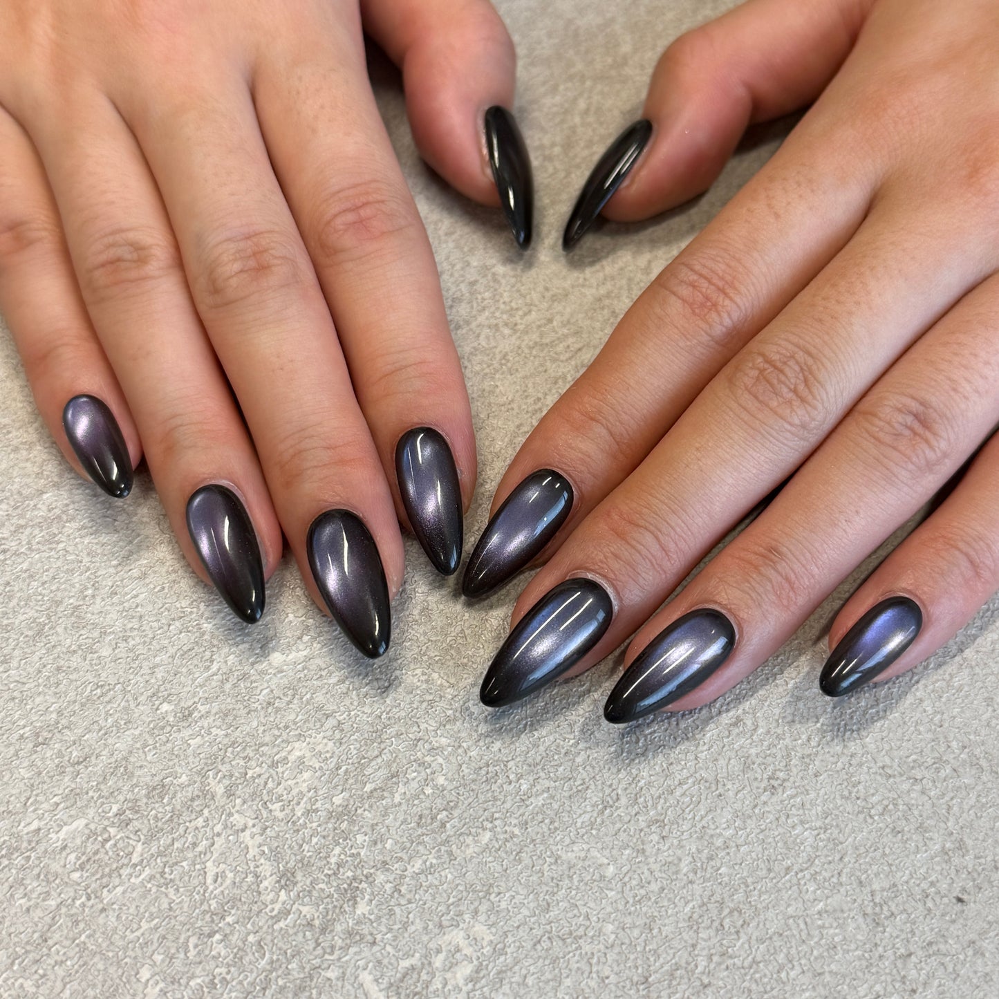 Black Purple Cat Eye Nails | Long Almond Magnetic Press-On Nails