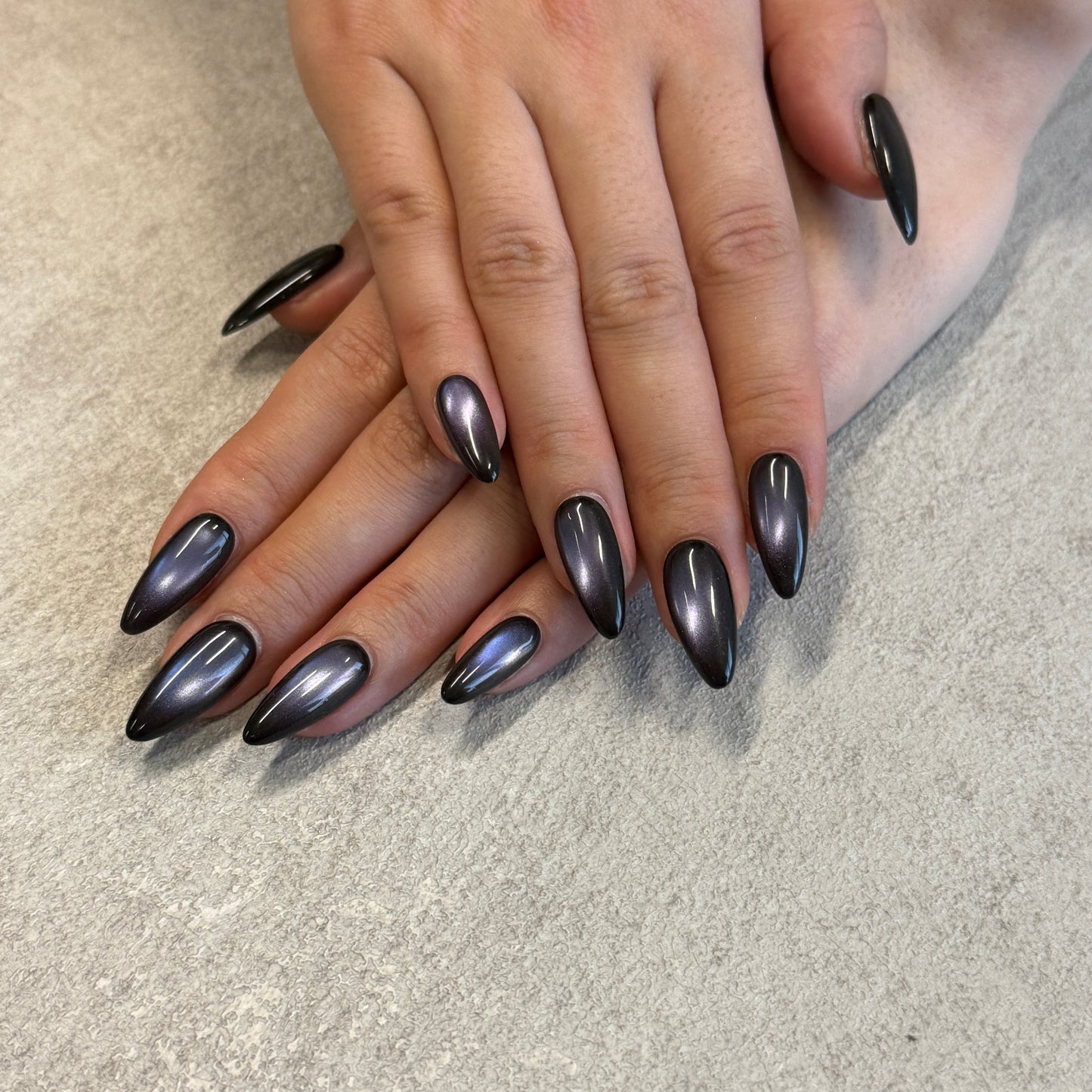 Black Purple Cat Eye Nails | Long Almond Magnetic Press-On Nails