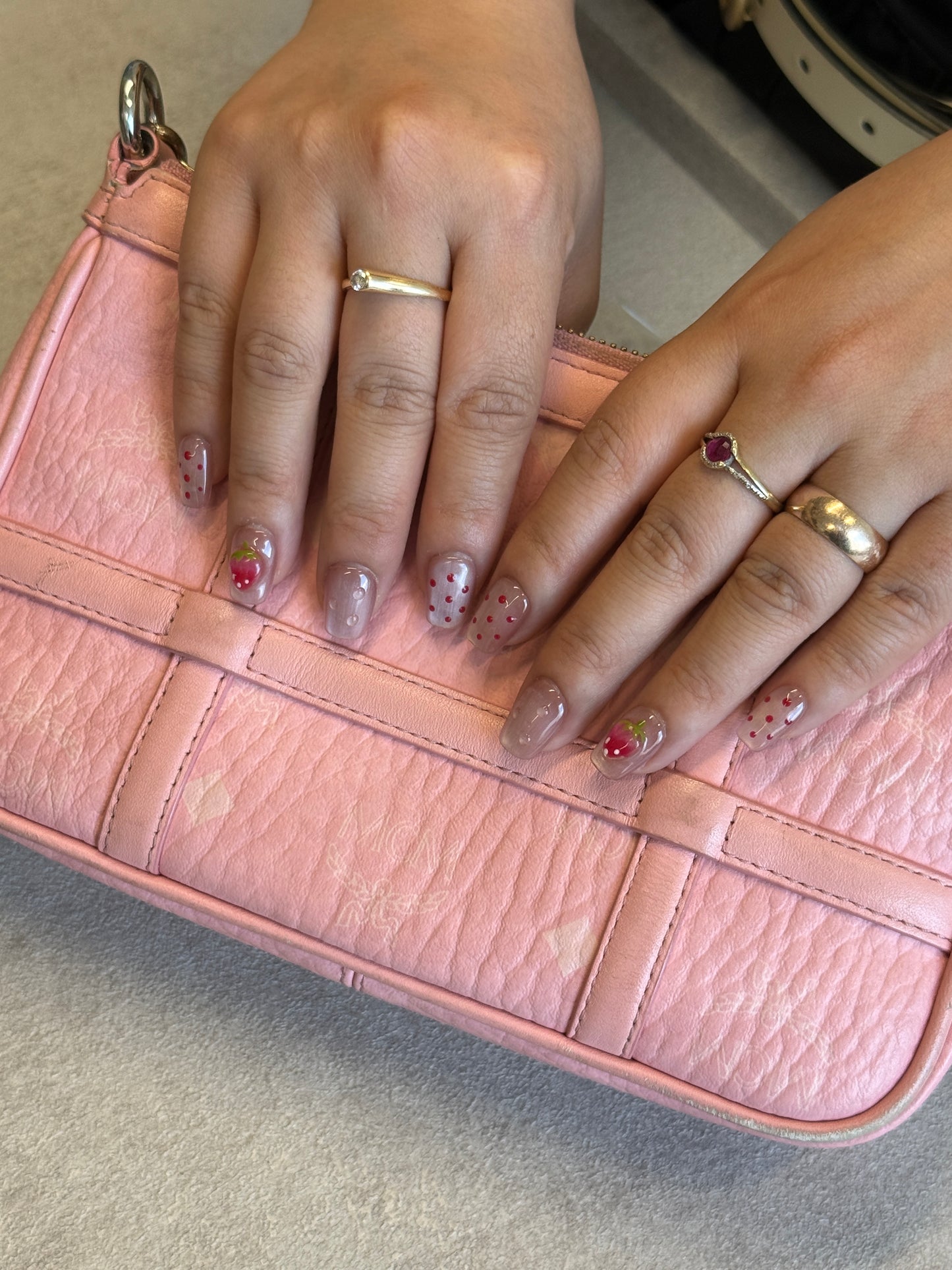 Pink Strawberry Jelly Nails | Short Square Press-On Nails with 3D Berry & Polka Dot Details