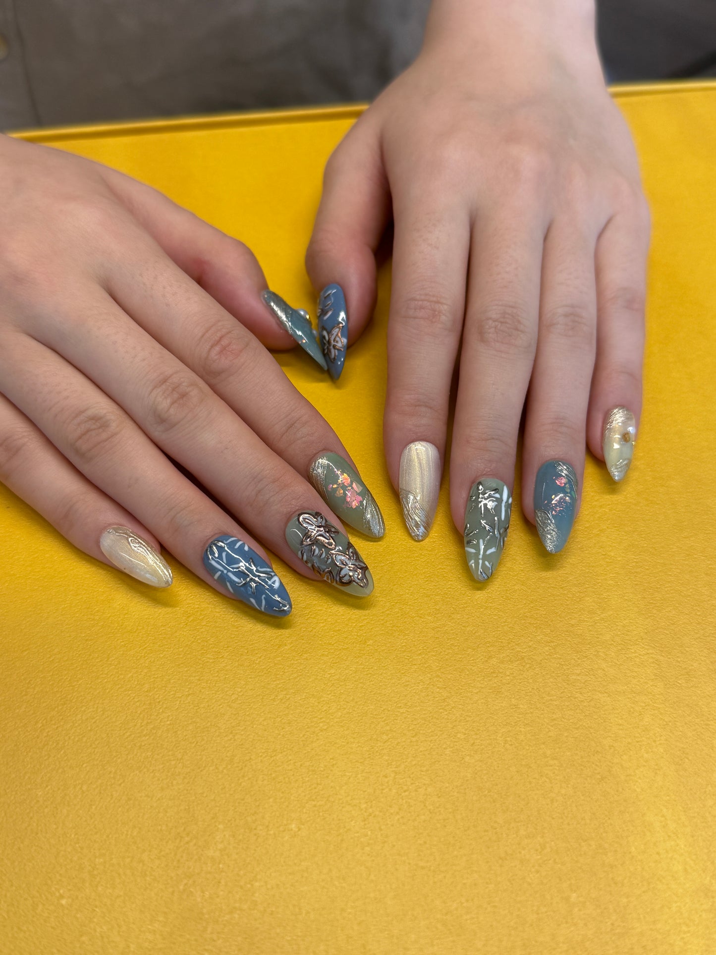 Sage Blue Butterfly Pearl Nails - Almond Press-On Nails with Gold Chrome, Floral Details and Pearl Accents