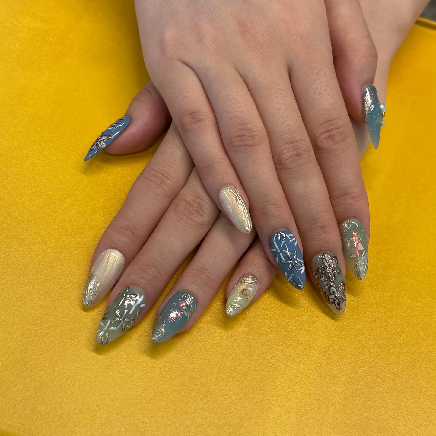 Sage Blue Butterfly Pearl Nails - Almond Press-On Nails with Gold Chrome, Floral Details and Pearl Accents