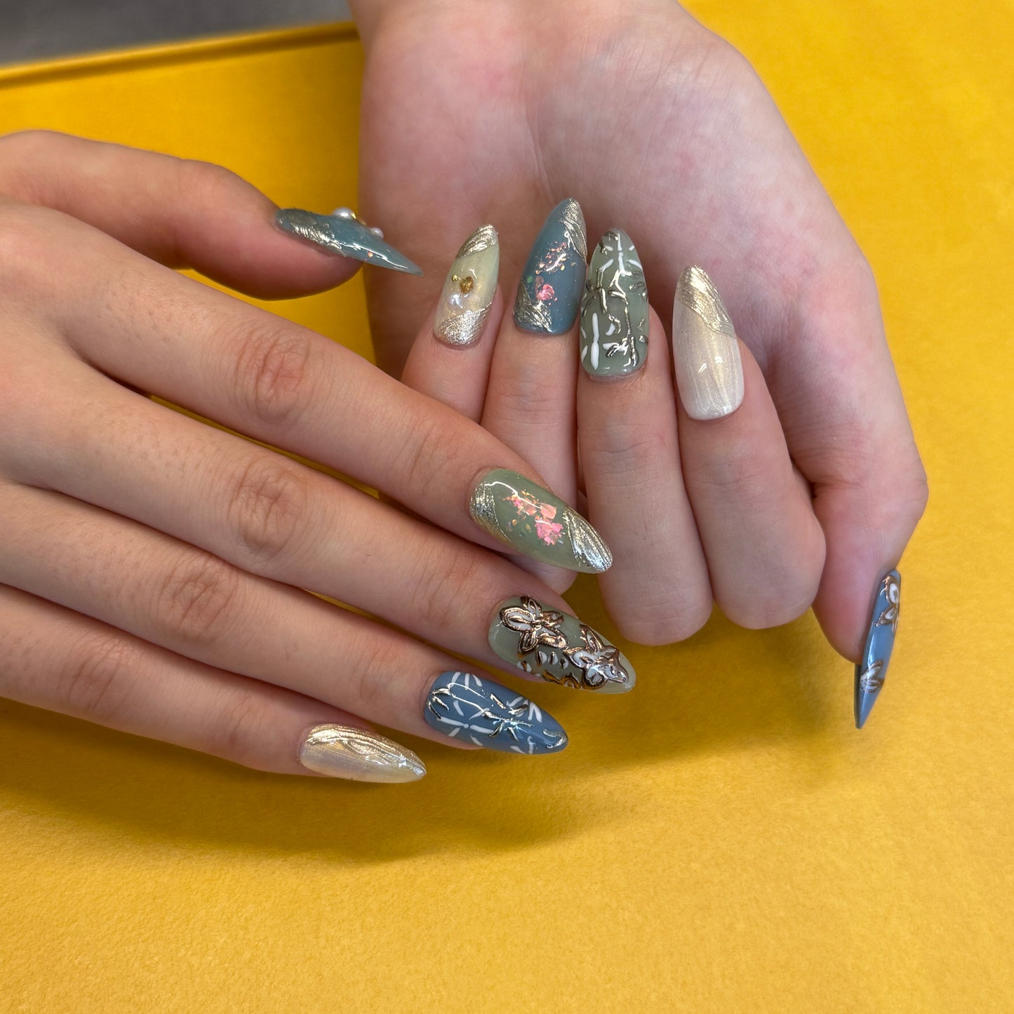 Sage Blue Butterfly Pearl Nails - Almond Press-On Nails with Gold Chrome, Floral Details and Pearl Accents