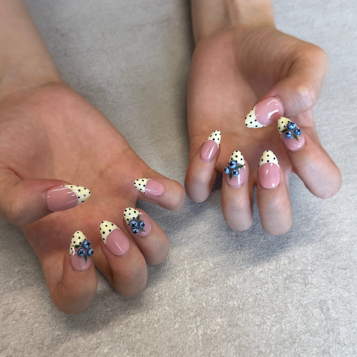 Blueberry Polka Dot French Nails | Almond Press-On Nails with 3D Berry & Yellow Tips