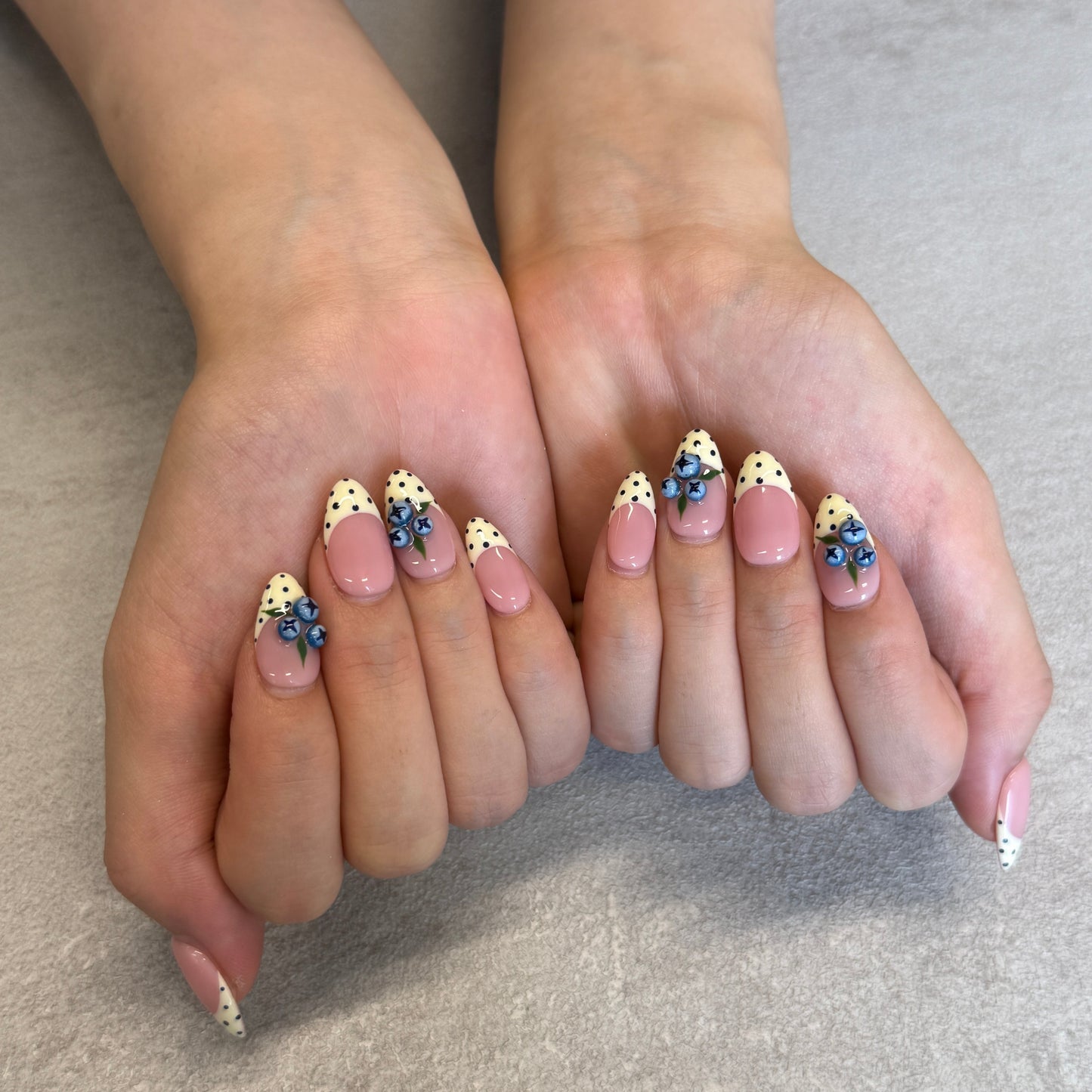 Blueberry Polka Dot French Nails | Almond Press-On Nails with 3D Berry & Yellow Tips