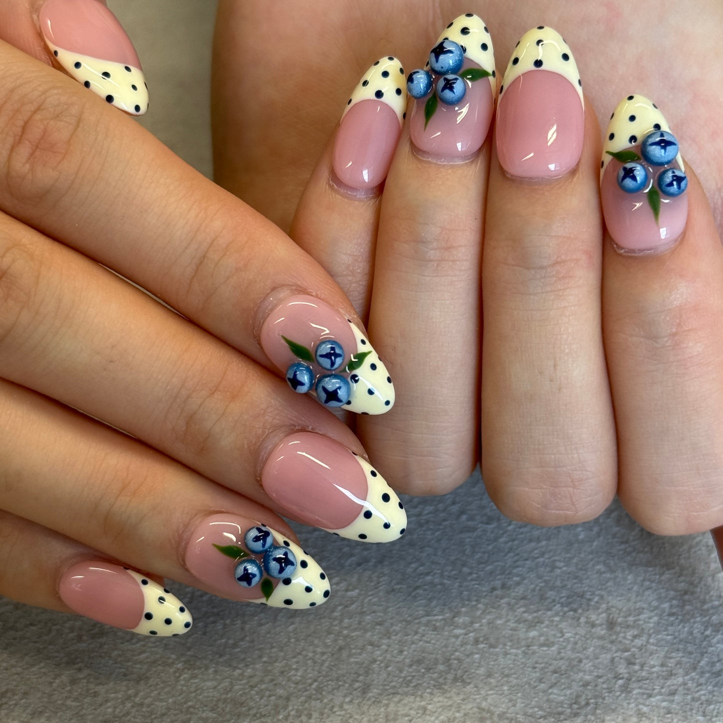 Blueberry Polka Dot French Nails | Almond Press-On Nails with 3D Berry & Yellow Tips