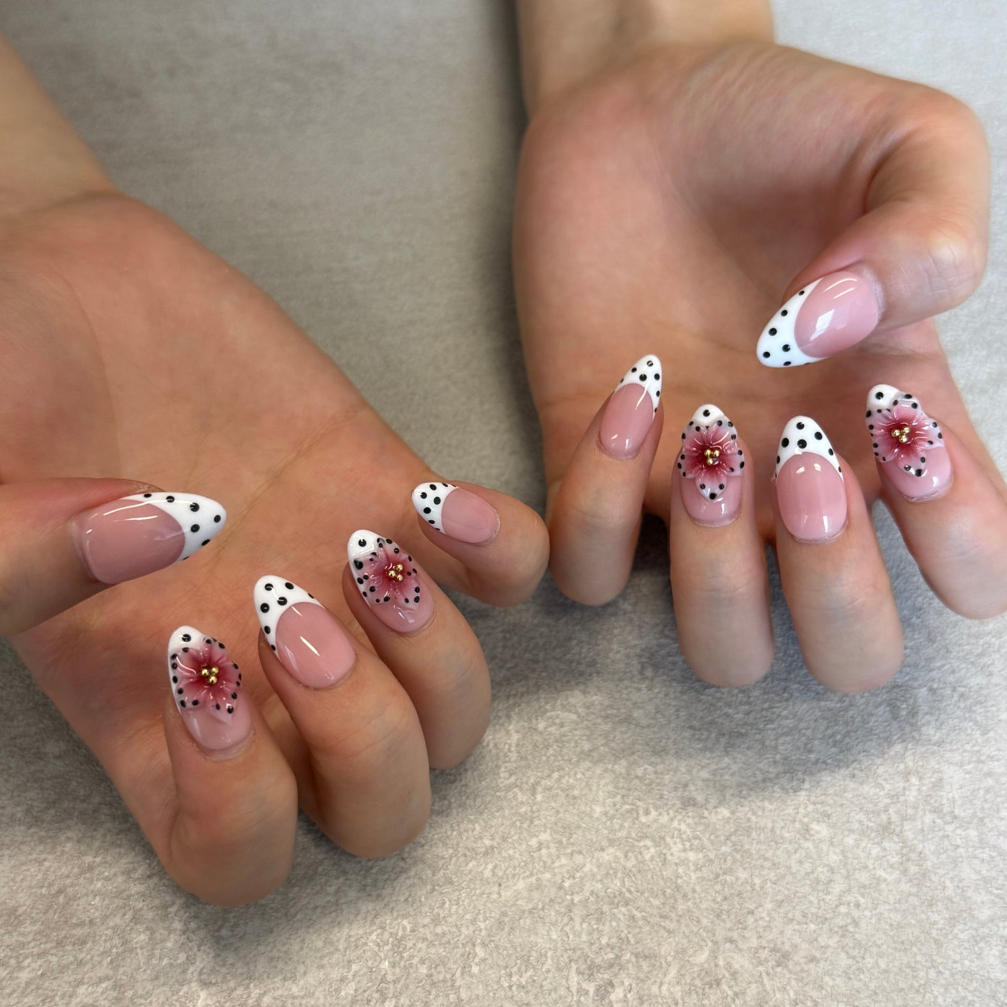 Pink Polka Dot Floral French Nails | Almond Press-On Nails with 3D Red Flower & Gold Beads