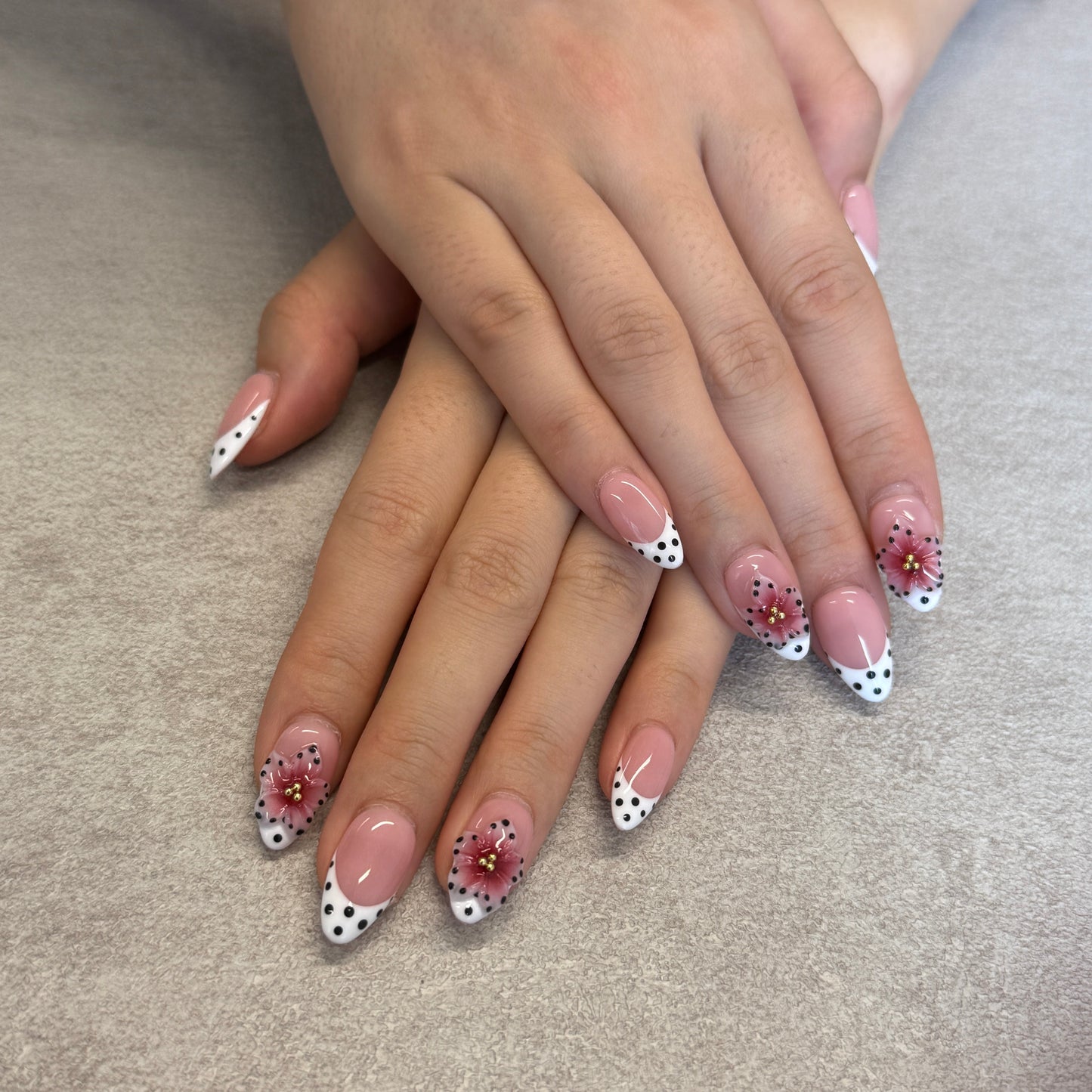 Pink Polka Dot Floral French Nails | Almond Press-On Nails with 3D Red Flower & Gold Beads
