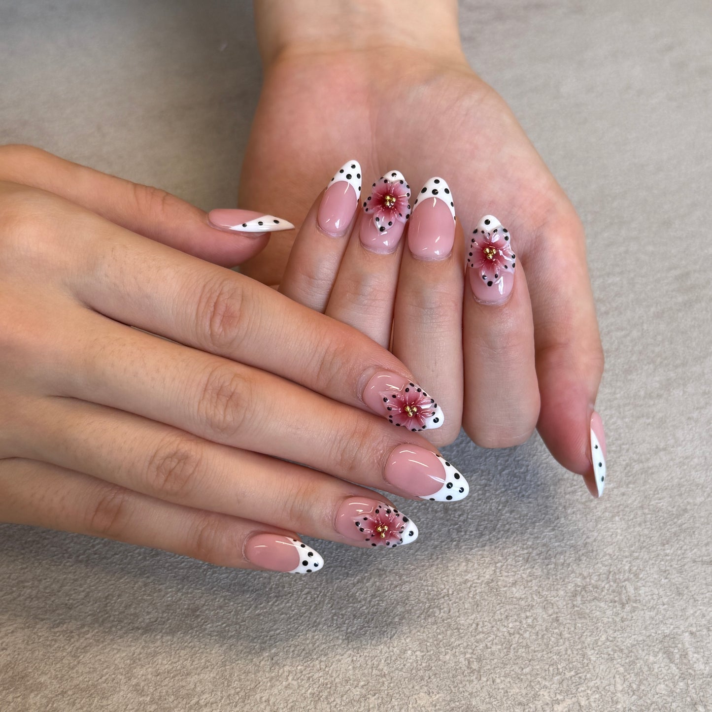 Pink Polka Dot Floral French Nails | Almond Press-On Nails with 3D Red Flower & Gold Beads