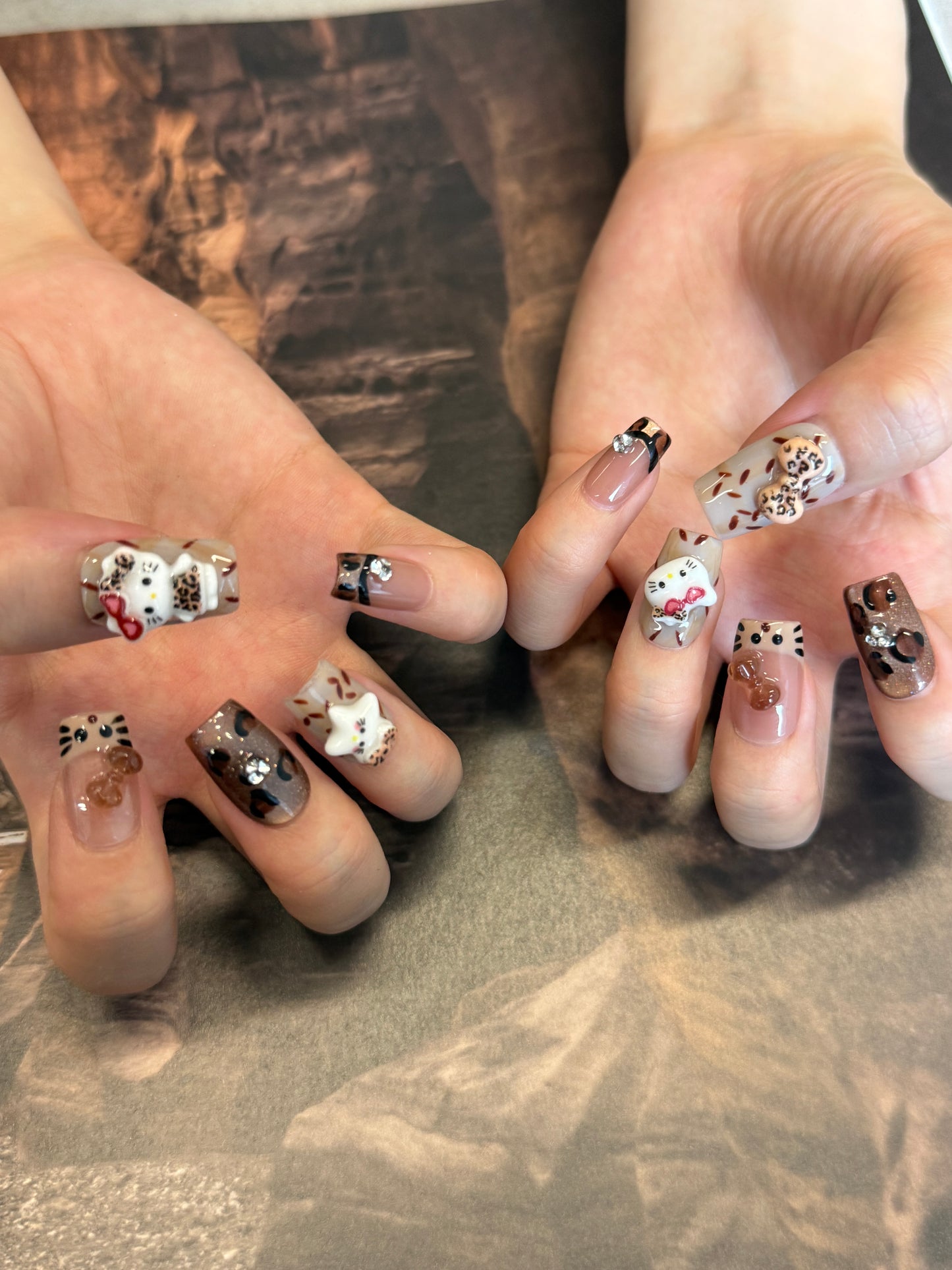 Kawaii Leopard Kitty Nails | Short Square Press-On Nails with 3D Cat, Bow & Rhinestone Details