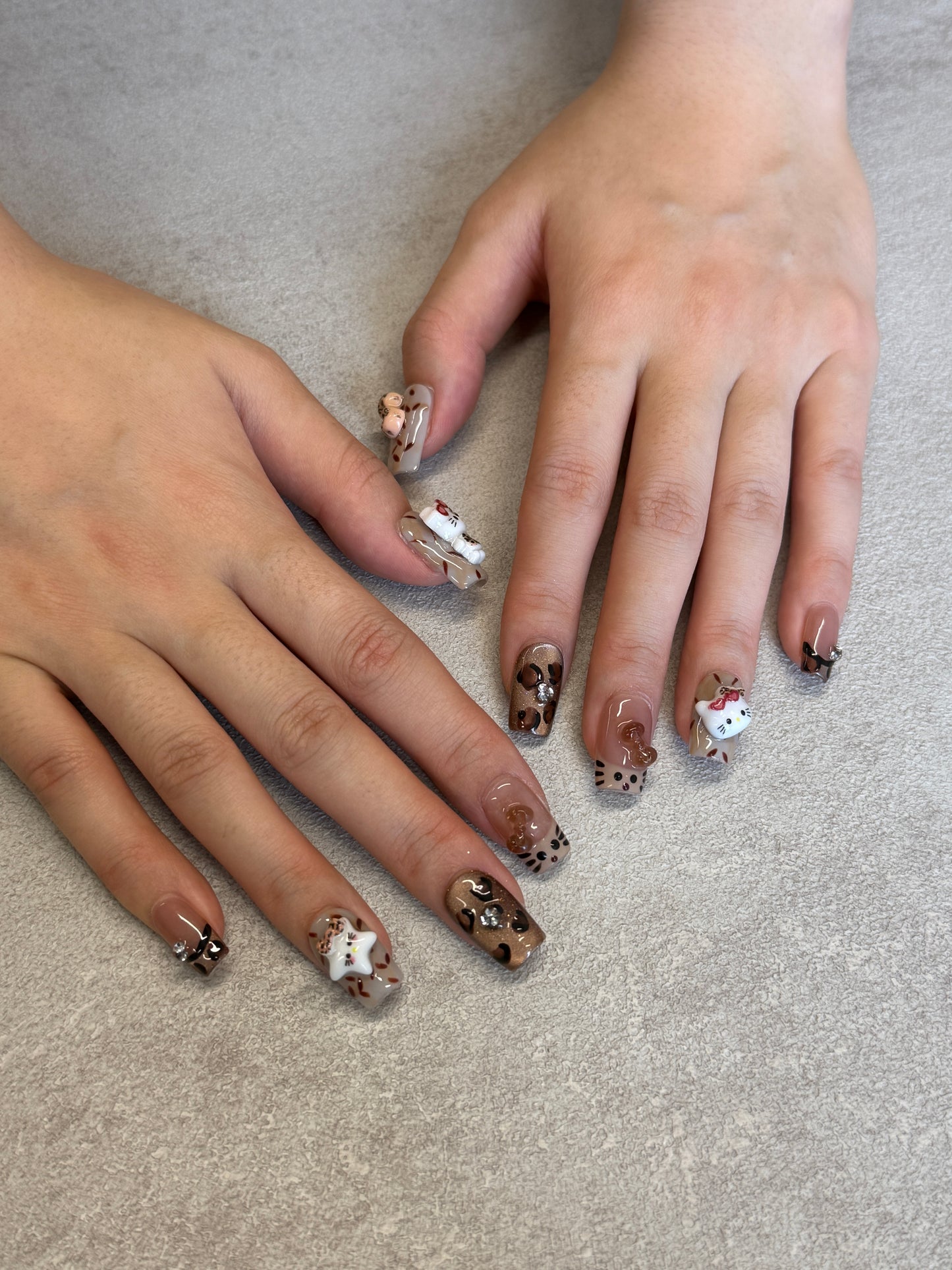 Kawaii Leopard Kitty Nails | Short Square Press-On Nails with 3D Cat, Bow & Rhinestone Details