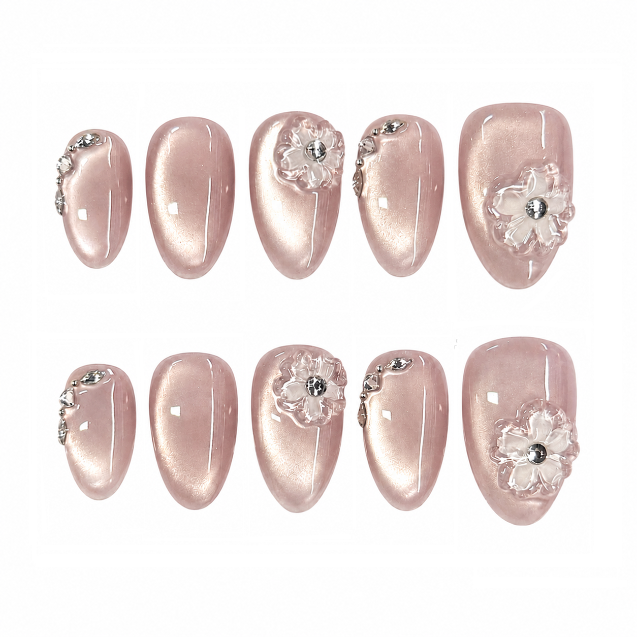 Blush Champagne Floral Nails | Almond Cat Eye Press-On Nails with 3D Flower & Rhinestone Details