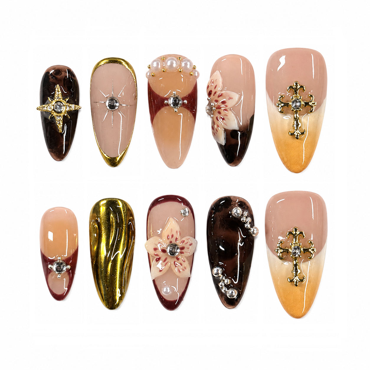 Vintage Cross Floral Nails | Almond Brown Gold Press-On Nails with Rhinestone, Pearl & 3D Flower Details