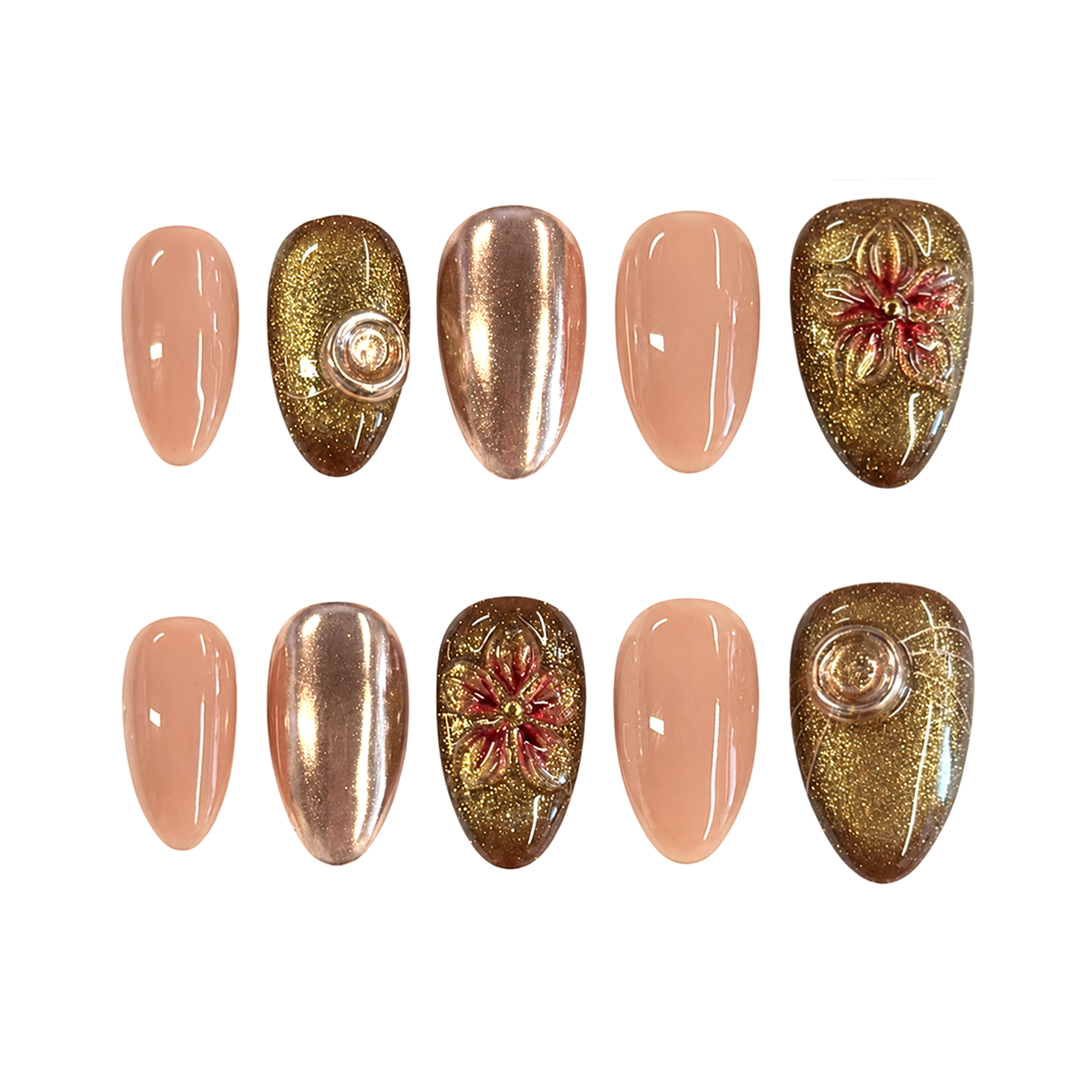 Bronze Gold Floral Chrome Nails | Almond Press-On Nails with Glitter, 3D Flower & Swirl Charm