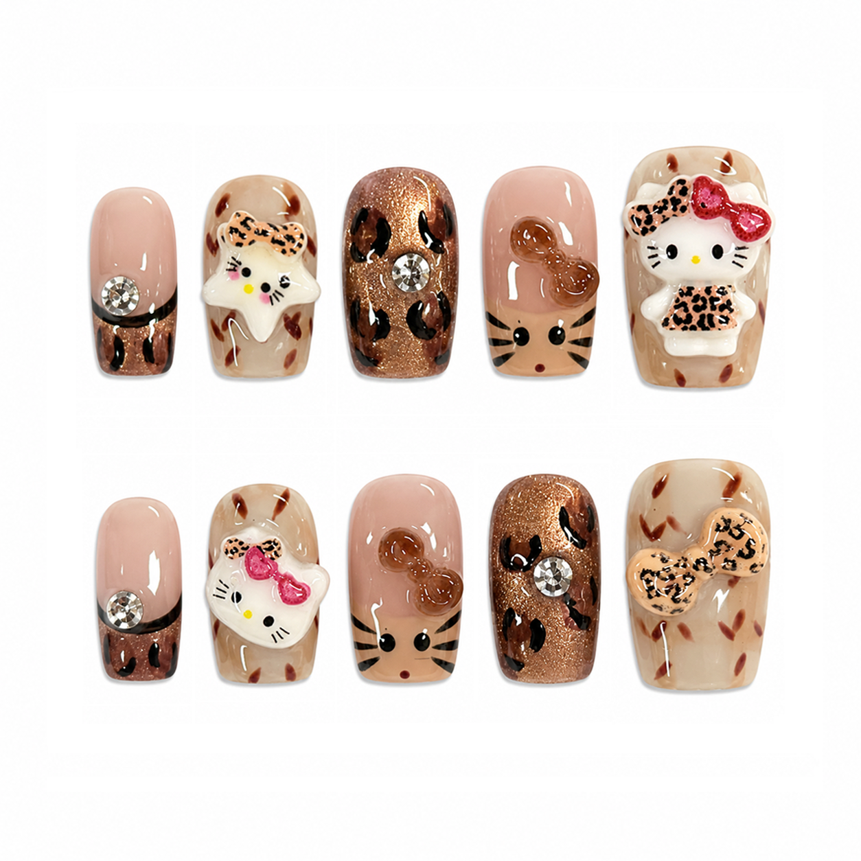 Kawaii Leopard Kitty Nails | Short Square Press-On Nails with 3D Cat, Bow & Rhinestone Details
