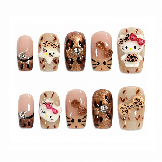 Kawaii Leopard Kitty Nails | Short Square Press-On Nails with 3D Cat, Bow & Rhinestone Details