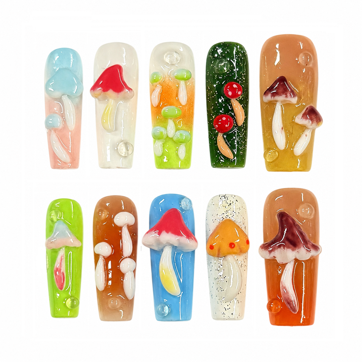 Whimsical Mushroom Garden Nails | Long Coffin Press-On Nails with 3D Fairycore Mushroom Details