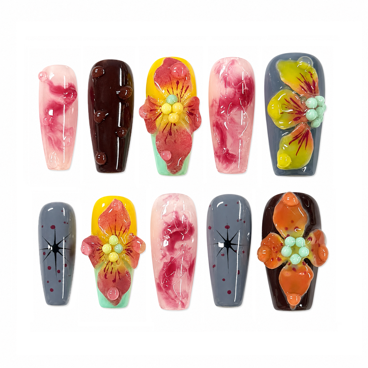 Tropical Bloom Jelly Nails | Long Coffin Press-On Nails with 3D Flower & Grey Star Details