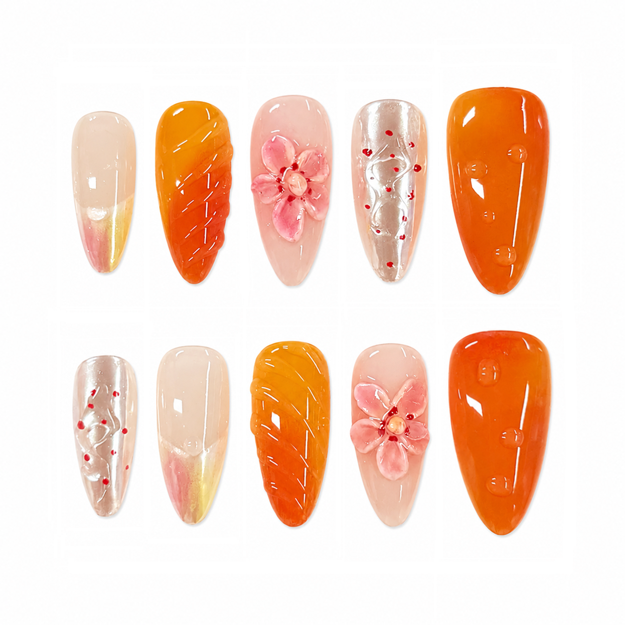Orange Blossom Jelly Nails | Almond Press-On Nails with 3D Pink Flower & Citrus Aura Details