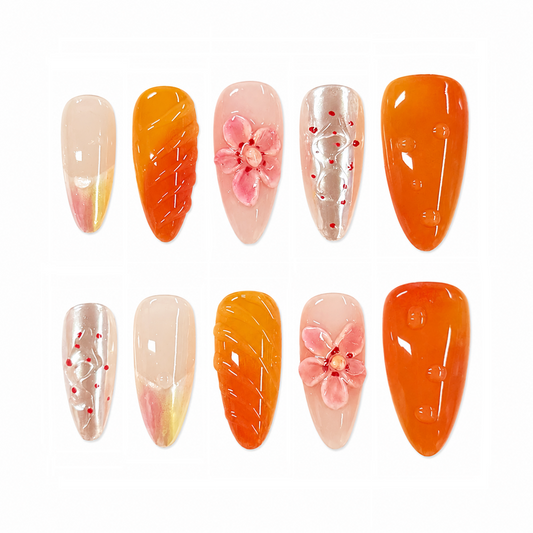 Orange Blossom Jelly Nails | Almond Press-On Nails with 3D Pink Flower & Citrus Aura Details