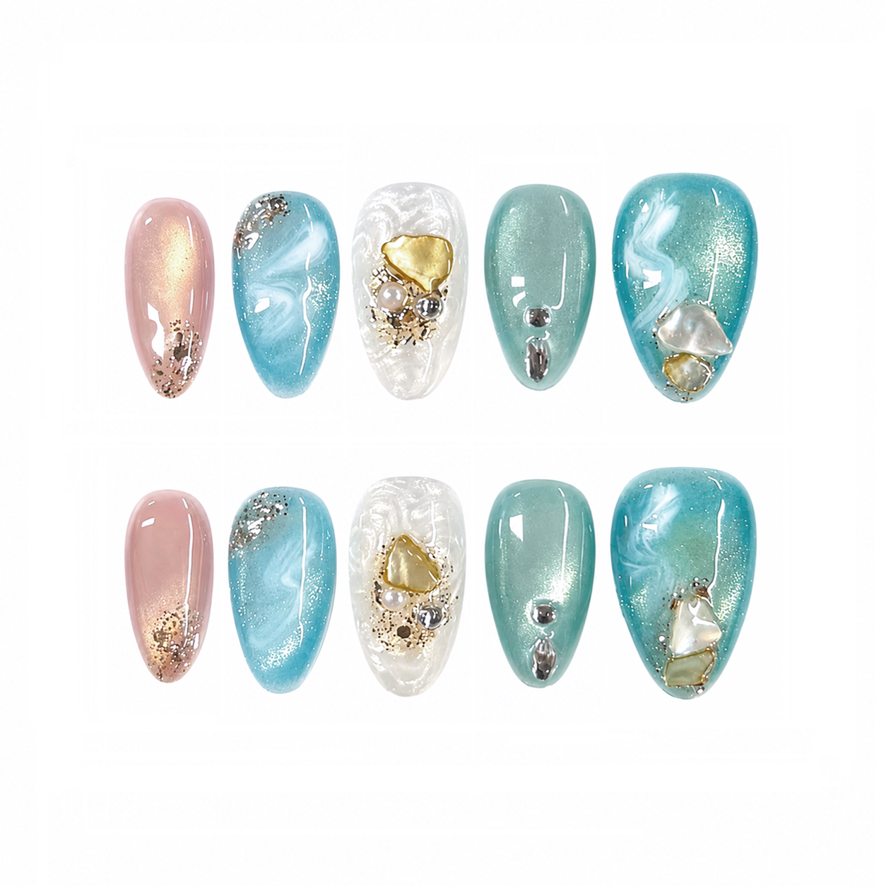 Aqua Seashell Gemstone Nails | Almond Ocean Press-On Nails with Pearl, Marble & Gold Flake Details