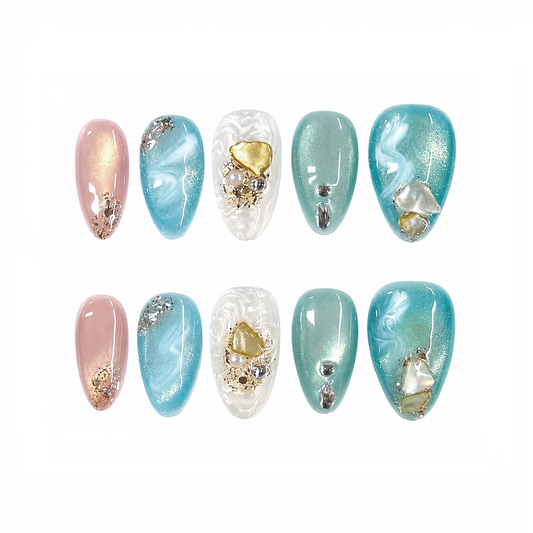 Aqua Seashell Gemstone Nails | Almond Ocean Press-On Nails with Pearl, Marble & Gold Flake Details