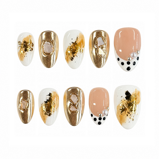 Gold Marble Polka Dot Nails | Almond Press-On Nails with Chrome Stone & Pearl Details