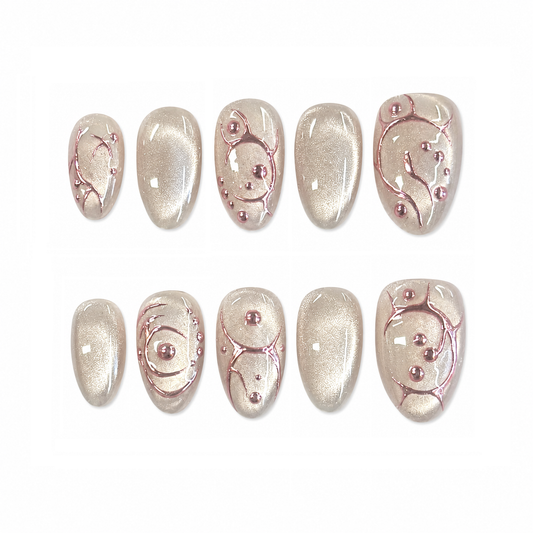 Champagne Pink Chrome Vine Nails | Almond Cat Eye Press-On Nails with 3D Metallic Line Art