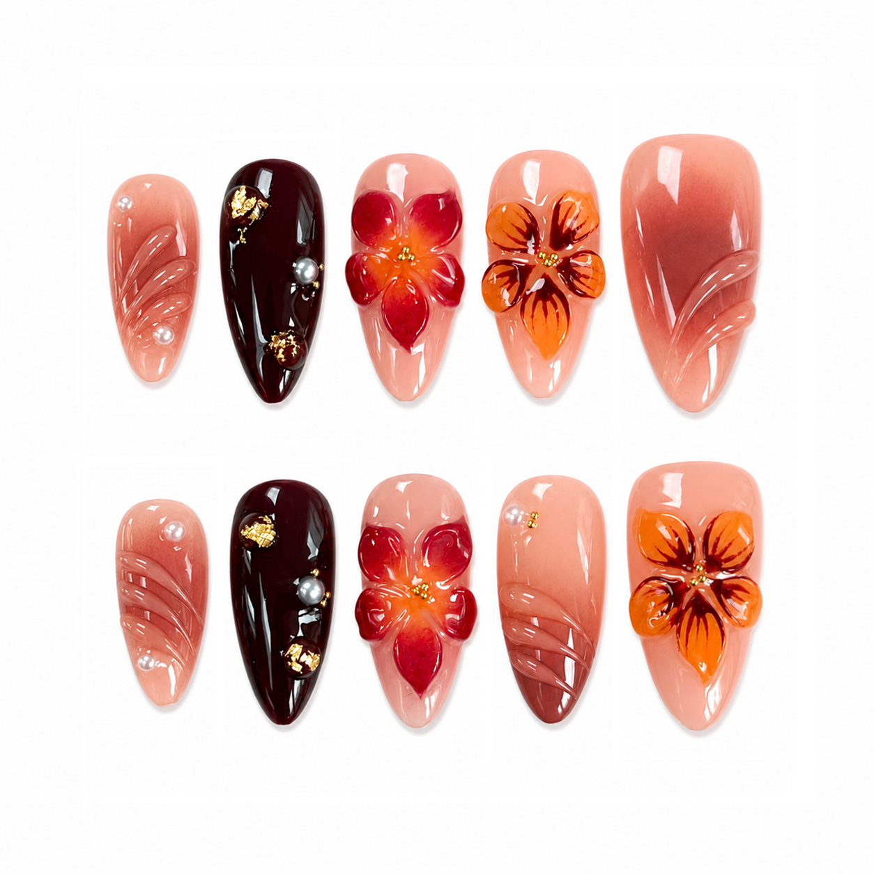 Coral Burgundy Floral Nails | Almond Press-On Nails with 3D Flower, Pearls & Gold Foil