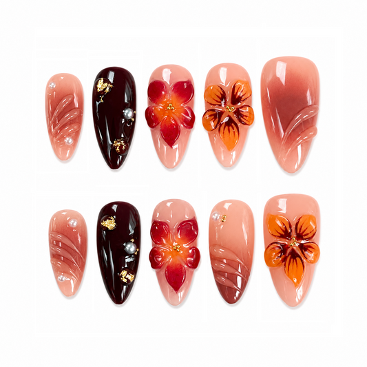 Coral Burgundy Floral Nails | Almond Press-On Nails with 3D Flower, Pearls & Gold Foil