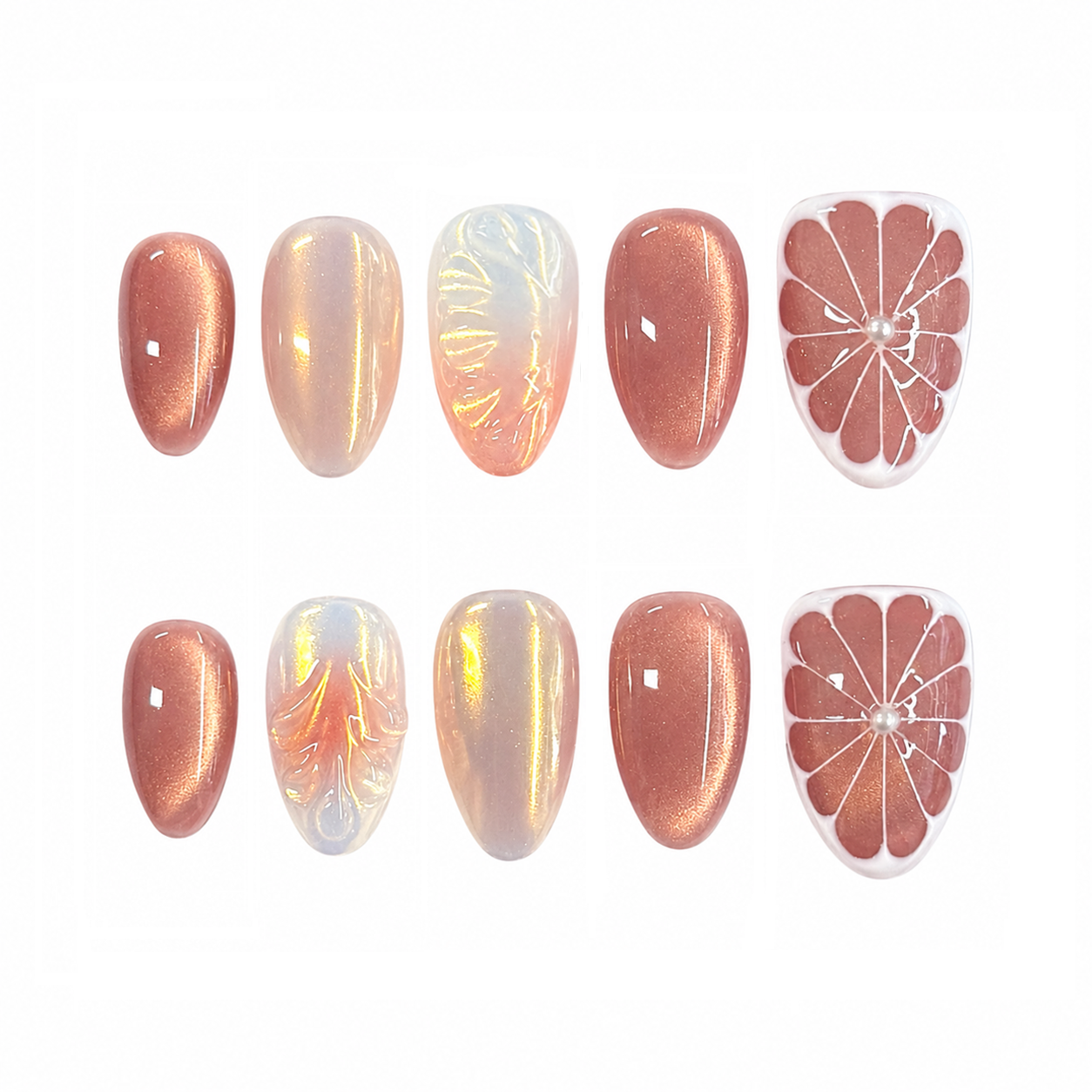 Rose Gold Citrus Pearl Nails | Almond Cat Eye Press-On Nails with 3D Grapefruit Flower Design