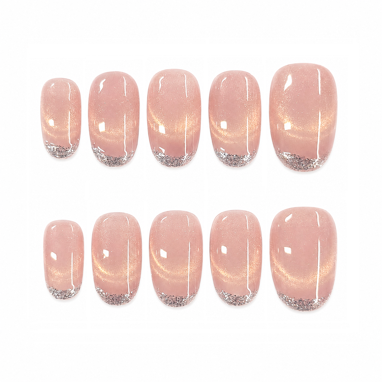 Blush Pink Silver Glitter French Nails | Short Square Cat Eye Press-On Nails