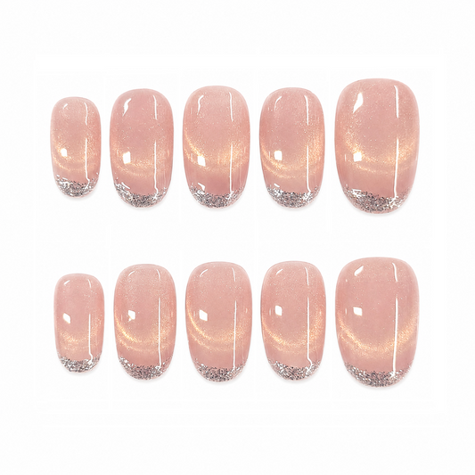 Blush Pink Silver Glitter French Nails | Short Square Cat Eye Press-On Nails