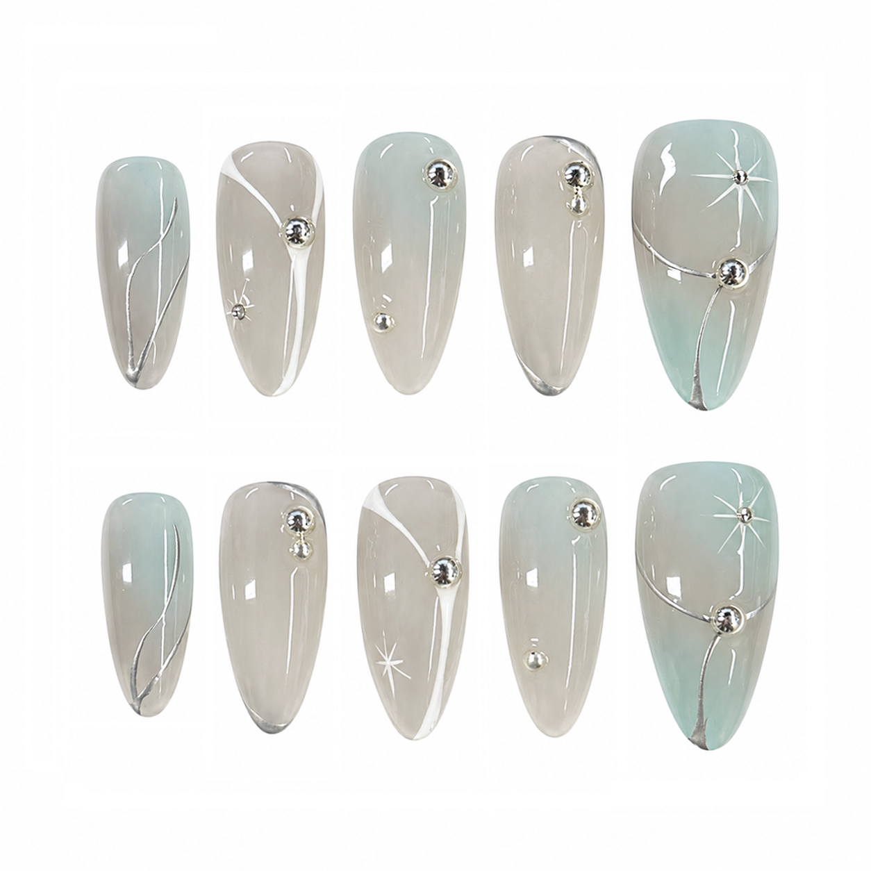 Mint Grey Star Nails | Almond Press-On Nails with Silver Line Art & Rhinestone Accents