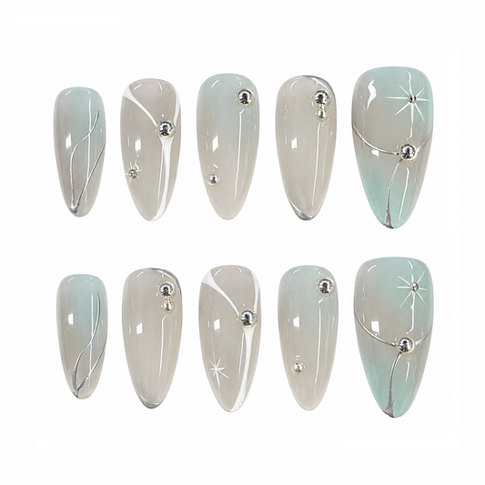 Mint Grey Star Nails | Almond Press-On Nails with Silver Line Art & Rhinestone Accents