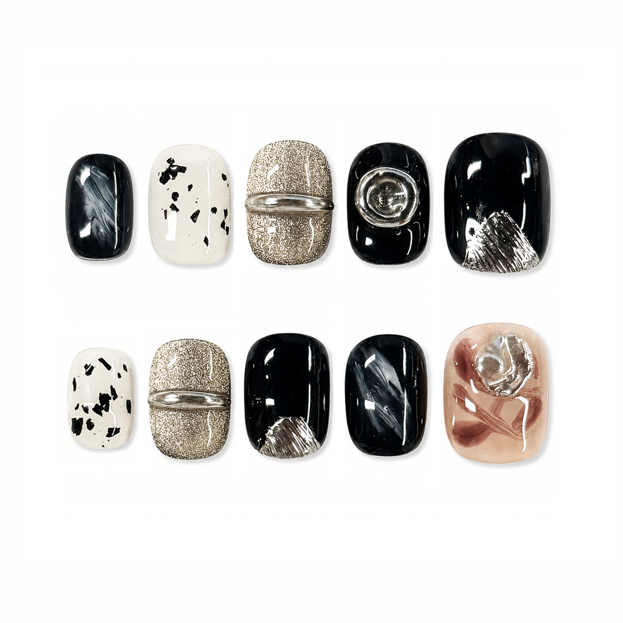 Black Silver Abstract Nails | Short Square Luxury Press-On Nails with 3D Chrome Details