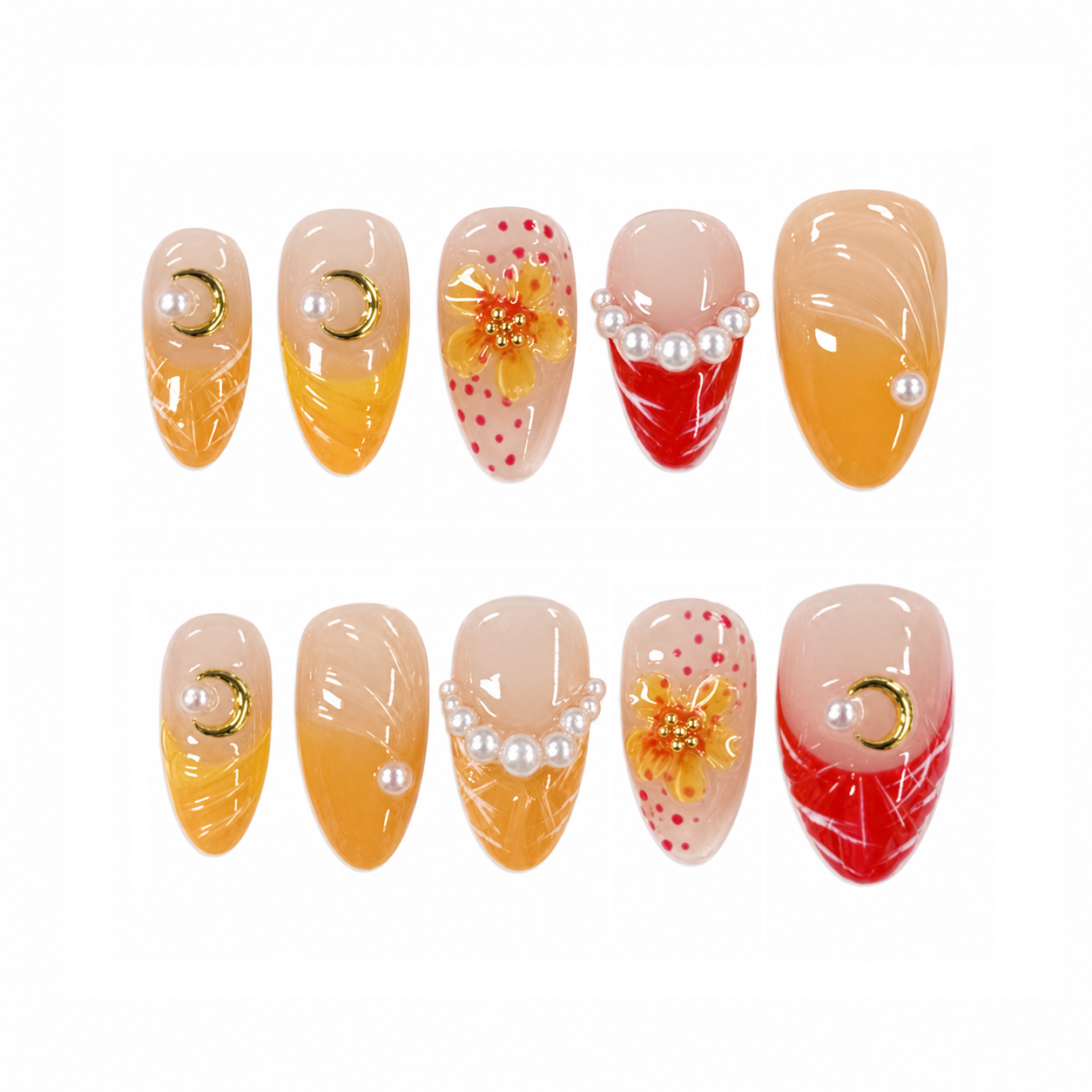 Sunset Flower Pearl Nails | Orange Red Almond Press-On Nails with Moon Charm & 3D Floral Details