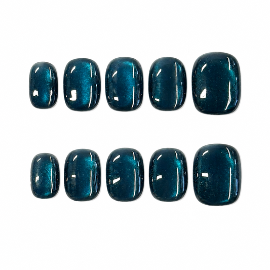 Deep Teal Cat Eye Nails | Short Square Emerald Blue Press-On Nails