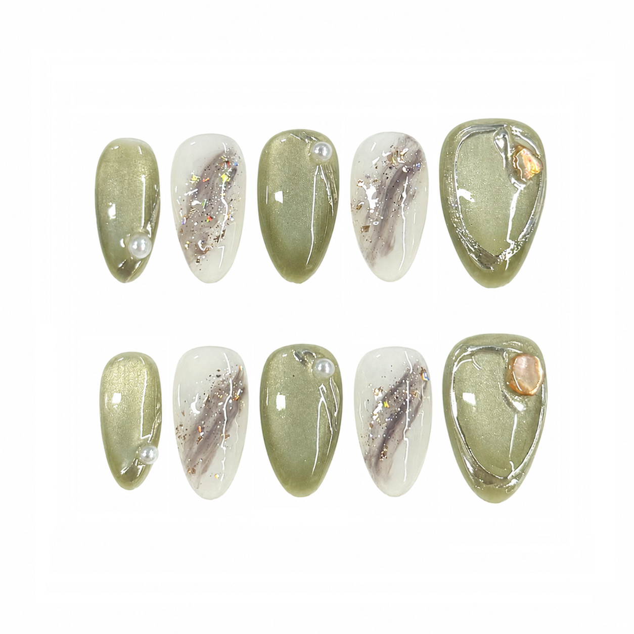 age Green Marble Pearl Nails | Almond Press-On Nails with Iridescent Stone & Gold Flakes