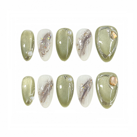 age Green Marble Pearl Nails | Almond Press-On Nails with Iridescent Stone & Gold Flakes