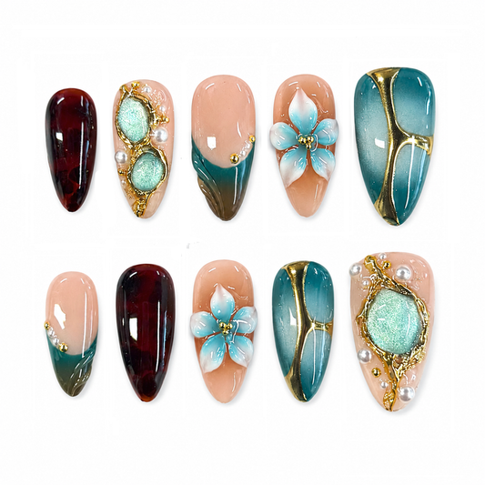 Treasure Island – Teal Gemstone Floral Press-On Nails