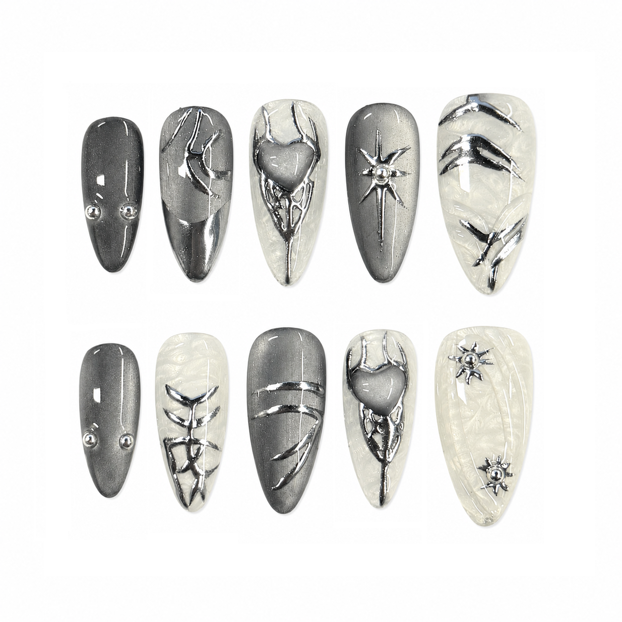 Silver Gothic Heart Nails | Grey Chrome Almond Press-On Nails with 3D Heart & Star Details